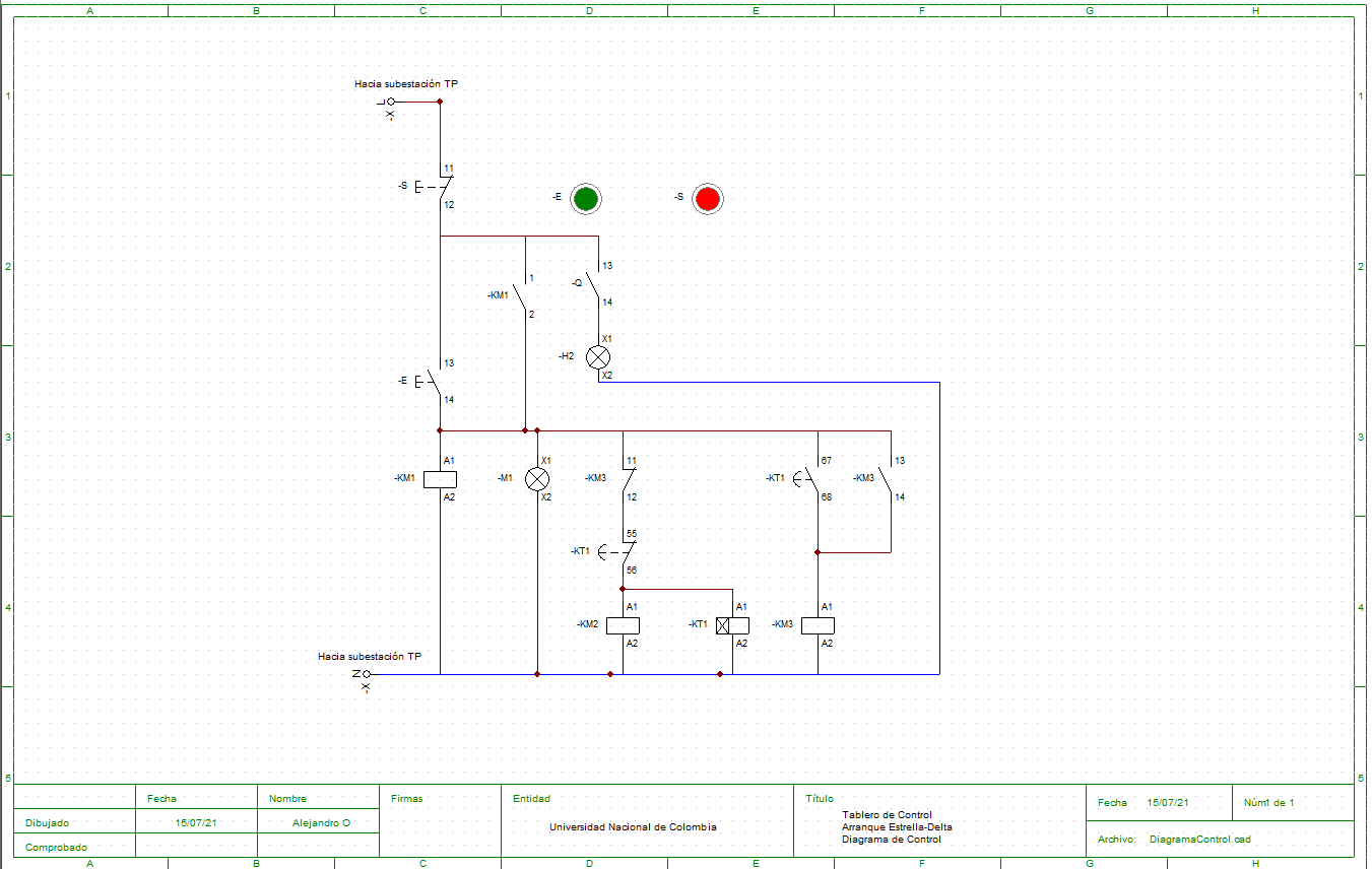 Electrical control circuit schematic for star-delta starting sequence