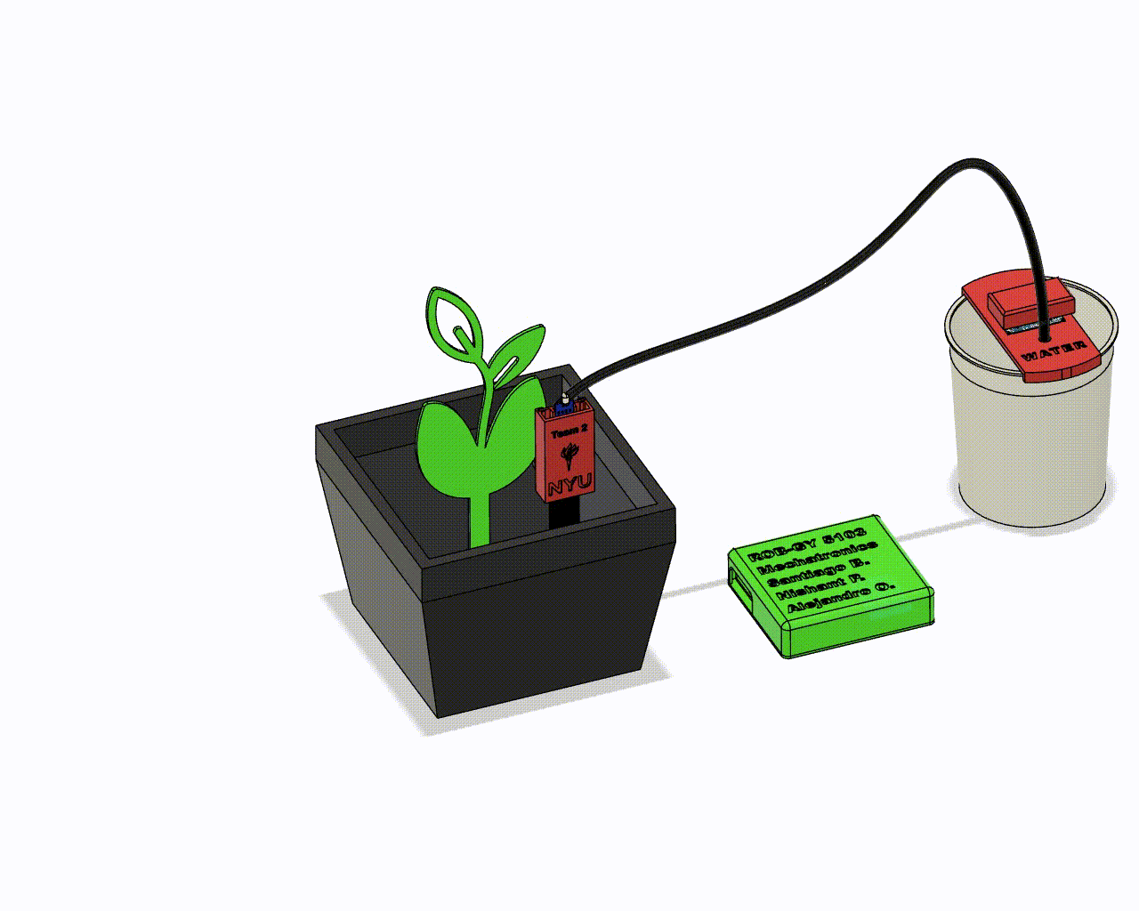 Exploded view animation of the watering system components