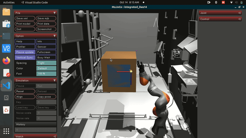 Robotic manipulation demonstration in zero-gravity simulation